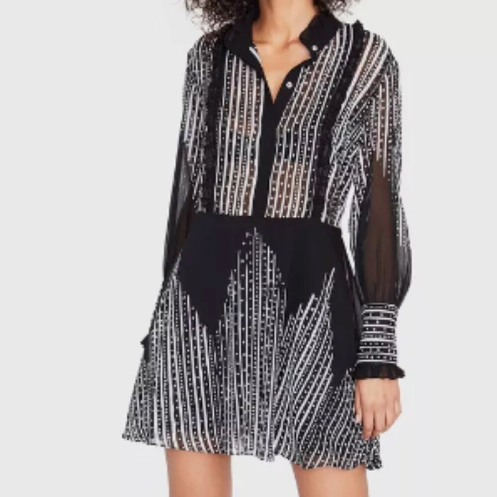 Rachel Roy Long Sleeve Black & White Dotted Stripe Shirt Dress Ruffles